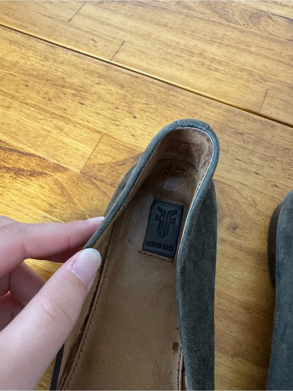 Frye Olive Green Gray Suede Leather Point Toe Flats Slip On Shoes Size 7